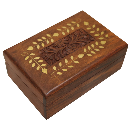 Leaves Brass Inlay Carved Indian Wood Rosewood Keepsake Wooden Decorative Box