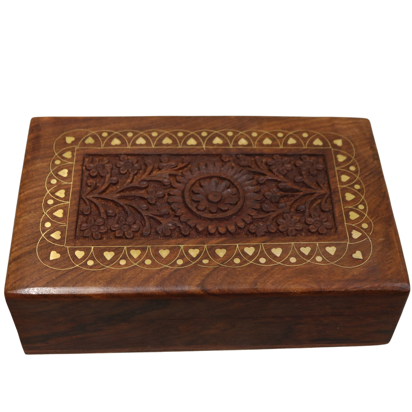 Heart Brass Inlay Carved Indian Wood Rosewood Keepsake Wooden Decorative Box