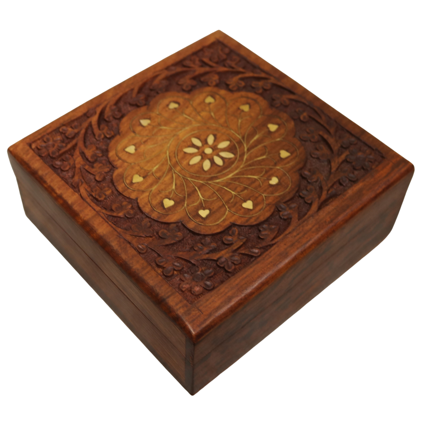 Brass Inlay Floral Carved Indian Wood Rosewood Keepsake Trinket Decorative Box