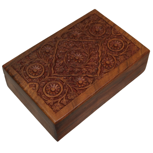 5 Rosette Floral Carved Indian Wood Rosewood Trinket Keepsake Wooden Decorative Box