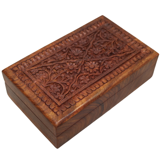 4 Rosette Floral Carved Indian Wood Rosewood Trinket Keepsake Decorative Box