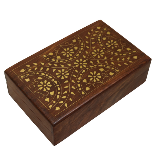 Brass Inlay Leaves Indian Wood Rosewood Storage Keepsake Trinket Decorative Box