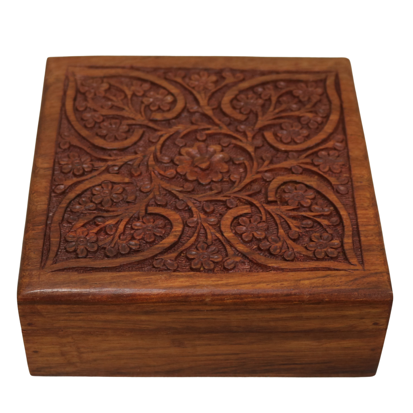 Floral Carved Leaf Indian Wood Rosewood Keepsake Trinket Wooden Decorative Box