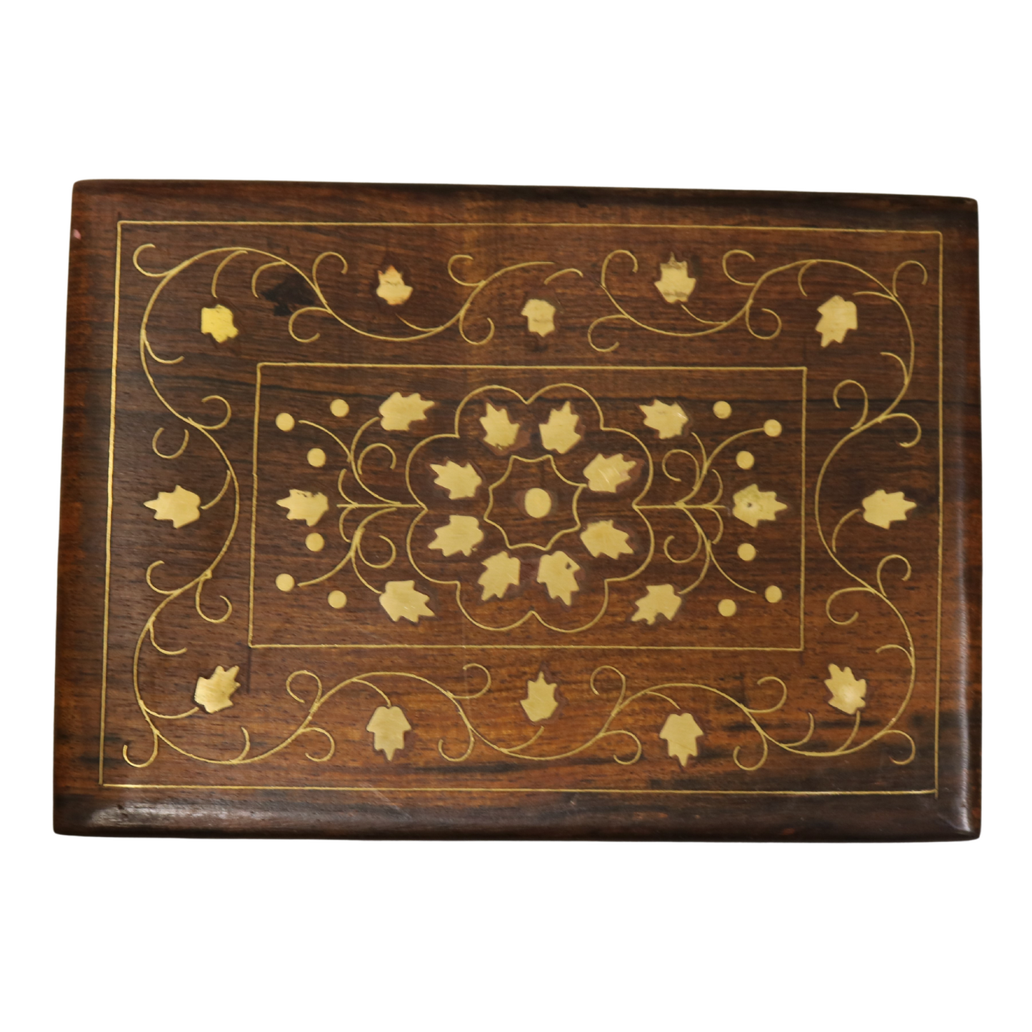 Leaf Brass Inlay Indian Wood Rosewood Storage Keepsake Wooden Decorative Box