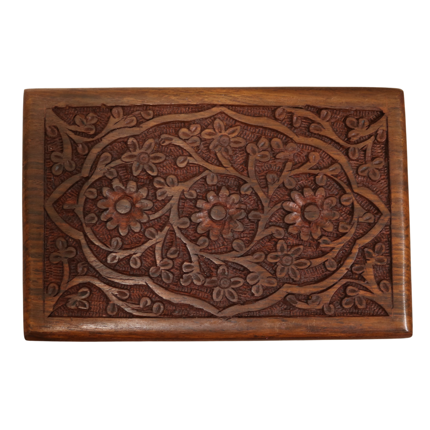 3 Rosette Floral Carved Indian Wood Rosewood Trinket Keepsake Wooden Decorative Box