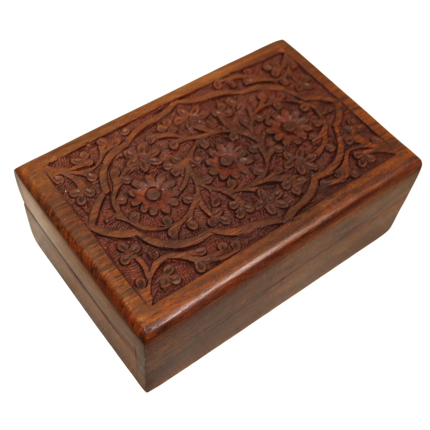 3 Rosette Floral Carved Indian Wood Rosewood Trinket Keepsake Wooden Decorative Box