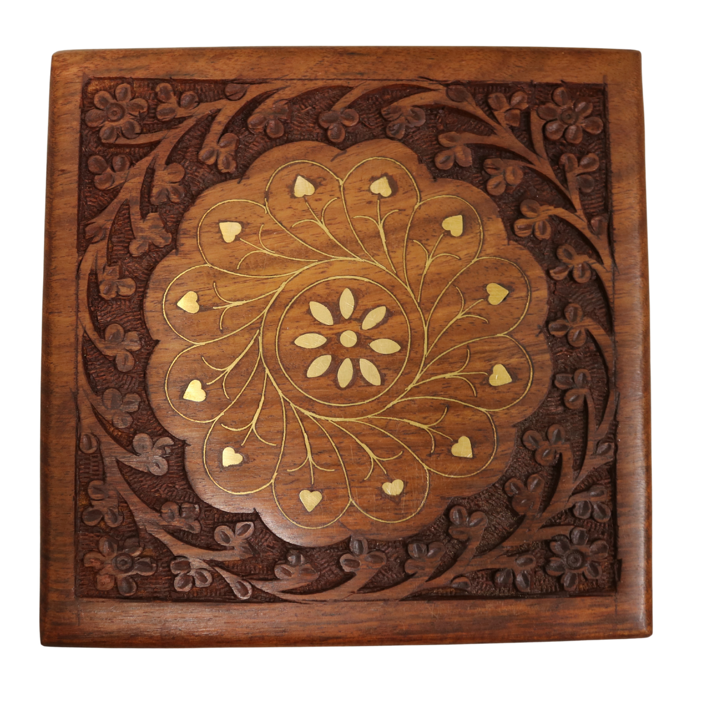 Brass Inlay Floral Carved Indian Wood Rosewood Keepsake Trinket Decorative Box