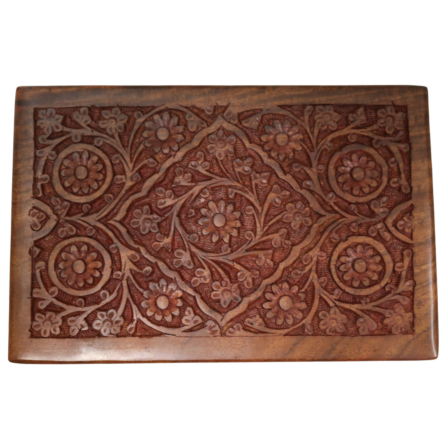 5 Rosette Floral Carved Indian Wood Rosewood Trinket Keepsake Wooden Decorative Box