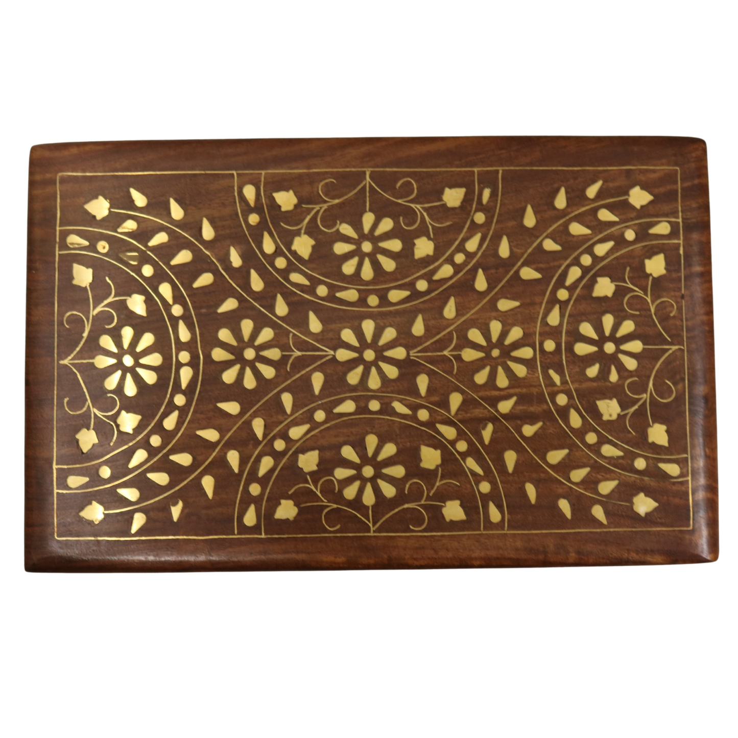 Brass Inlay Leaves Indian Wood Rosewood Storage Keepsake Trinket Decorative Box