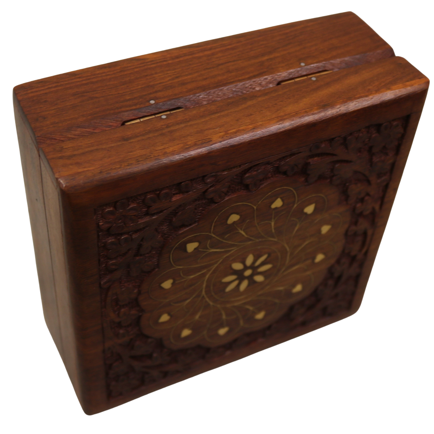 Brass Inlay Floral Carved Indian Wood Rosewood Keepsake Trinket Decorative Box