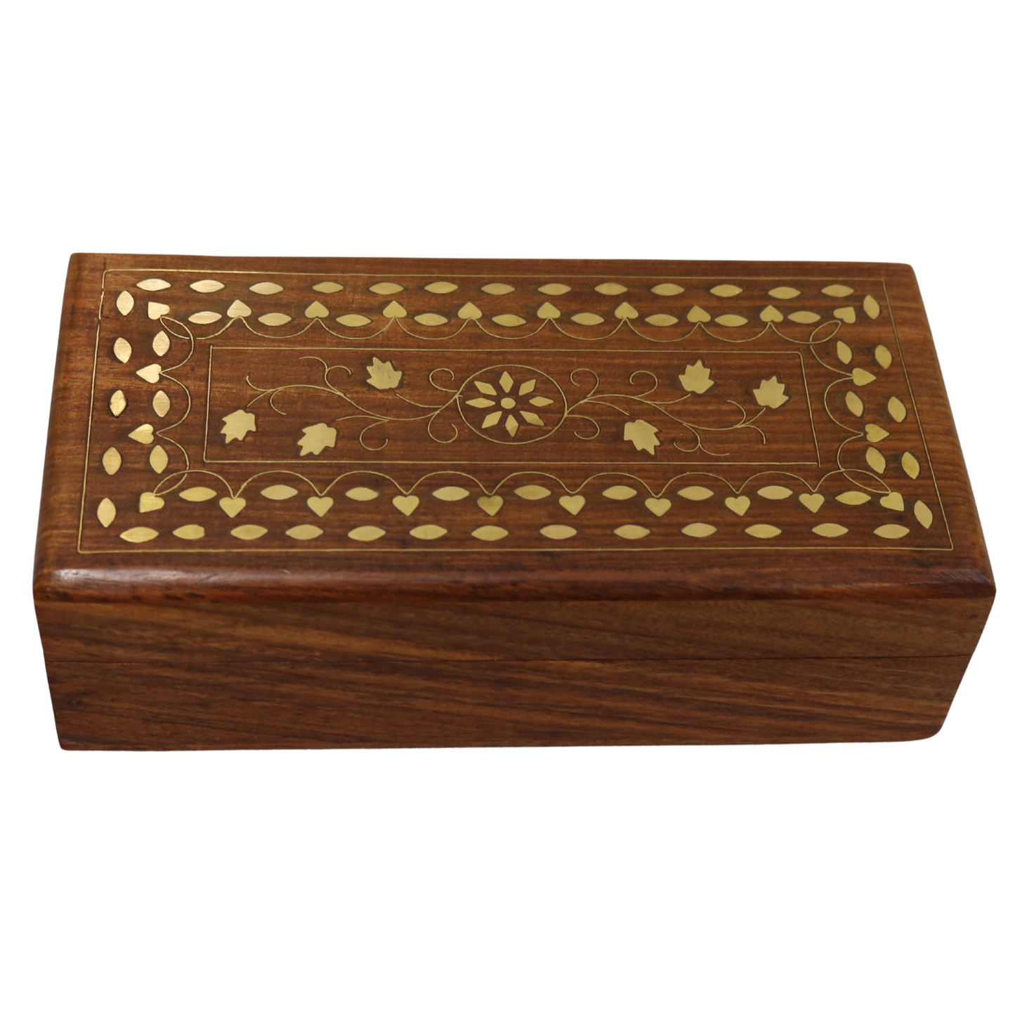 Brass Inlay Indian Wood Rosewood Storage Keepsake Wooden Decorative Pen Box