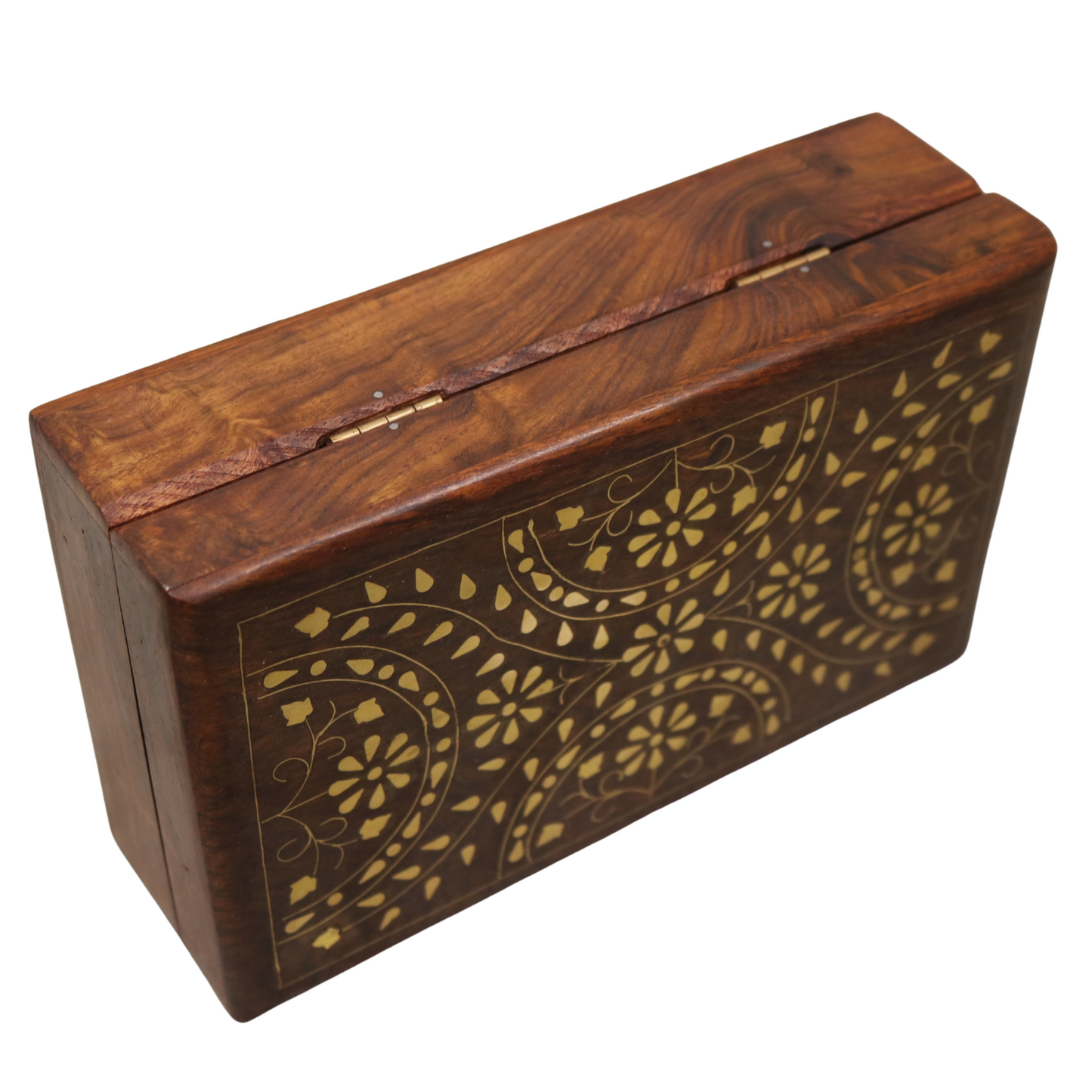 Brass Inlay Leaves Indian Wood Rosewood Storage Keepsake Trinket Decorative Box