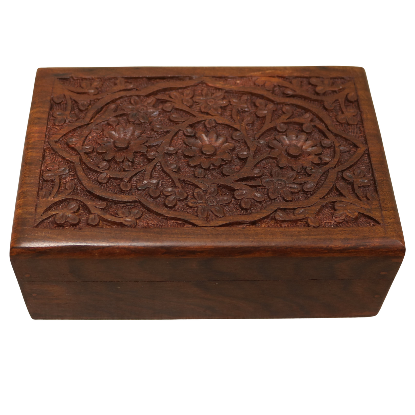 3 Rosette Floral Carved Indian Wood Rosewood Trinket Keepsake Wooden Decorative Box