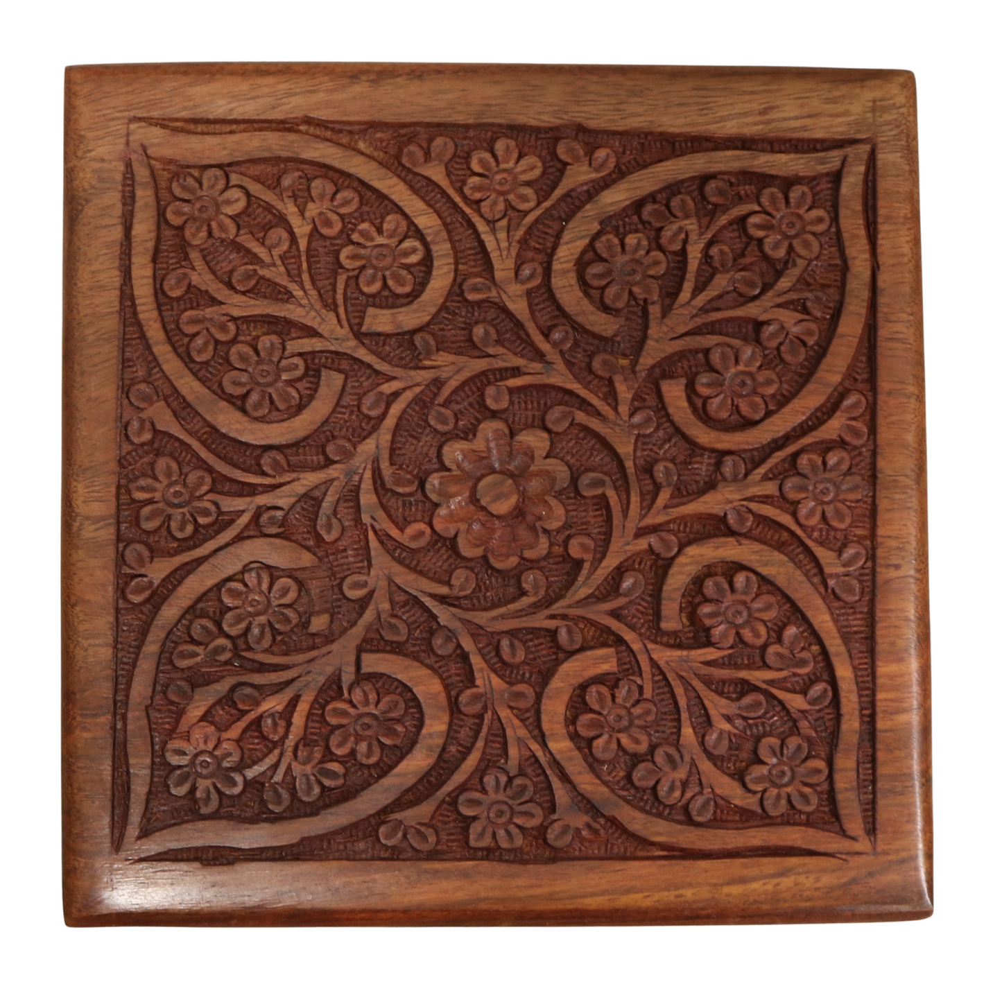 Floral Carved Leaf Indian Wood Rosewood Keepsake Trinket Wooden Decorative Box