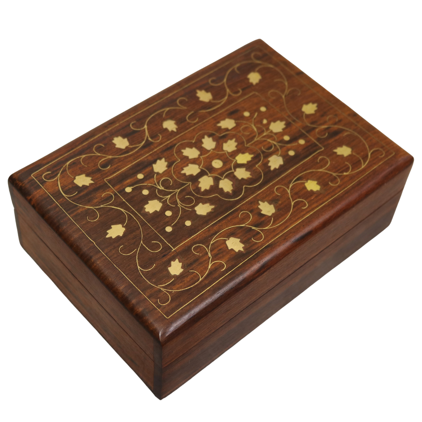 Leaf Brass Inlay Indian Wood Rosewood Storage Keepsake Wooden Decorative Box