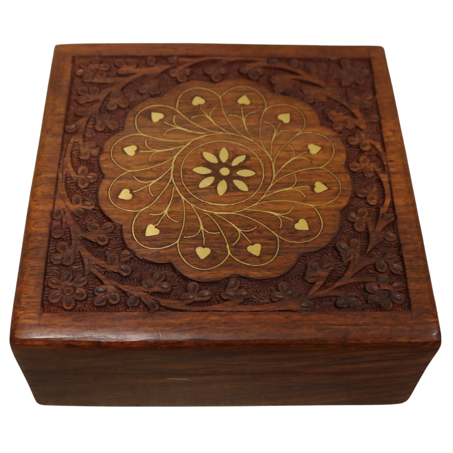 Brass Inlay Floral Carved Indian Wood Rosewood Keepsake Trinket Decorative Box