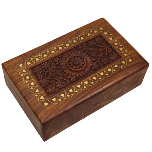 Heart Brass Inlay Carved Indian Wood Rosewood Keepsake Wooden Decorative Box