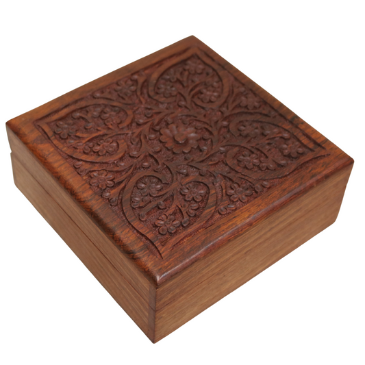 Floral Carved Leaf Indian Wood Rosewood Keepsake Trinket Wooden Decorative Box