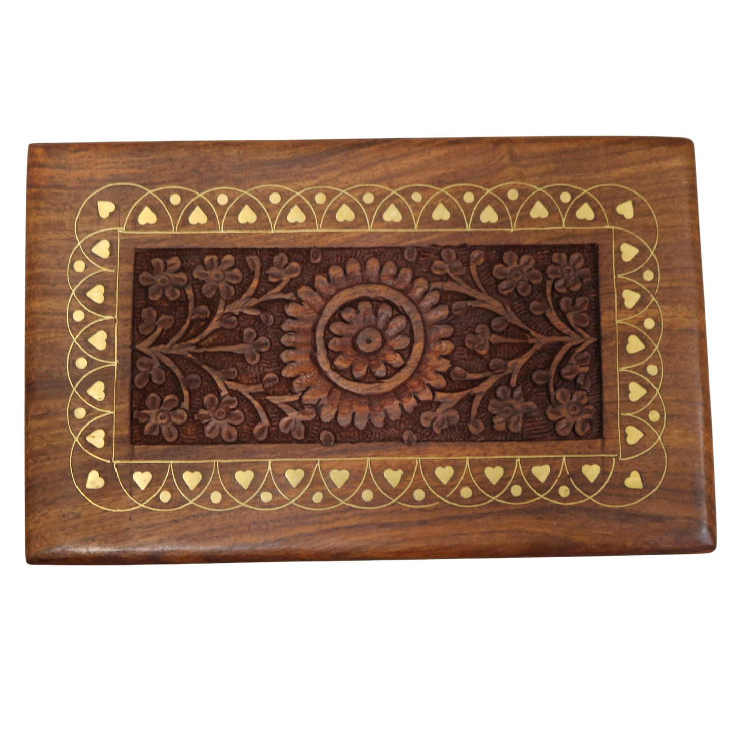 Heart Brass Inlay Carved Indian Wood Rosewood Keepsake Wooden Decorative Box