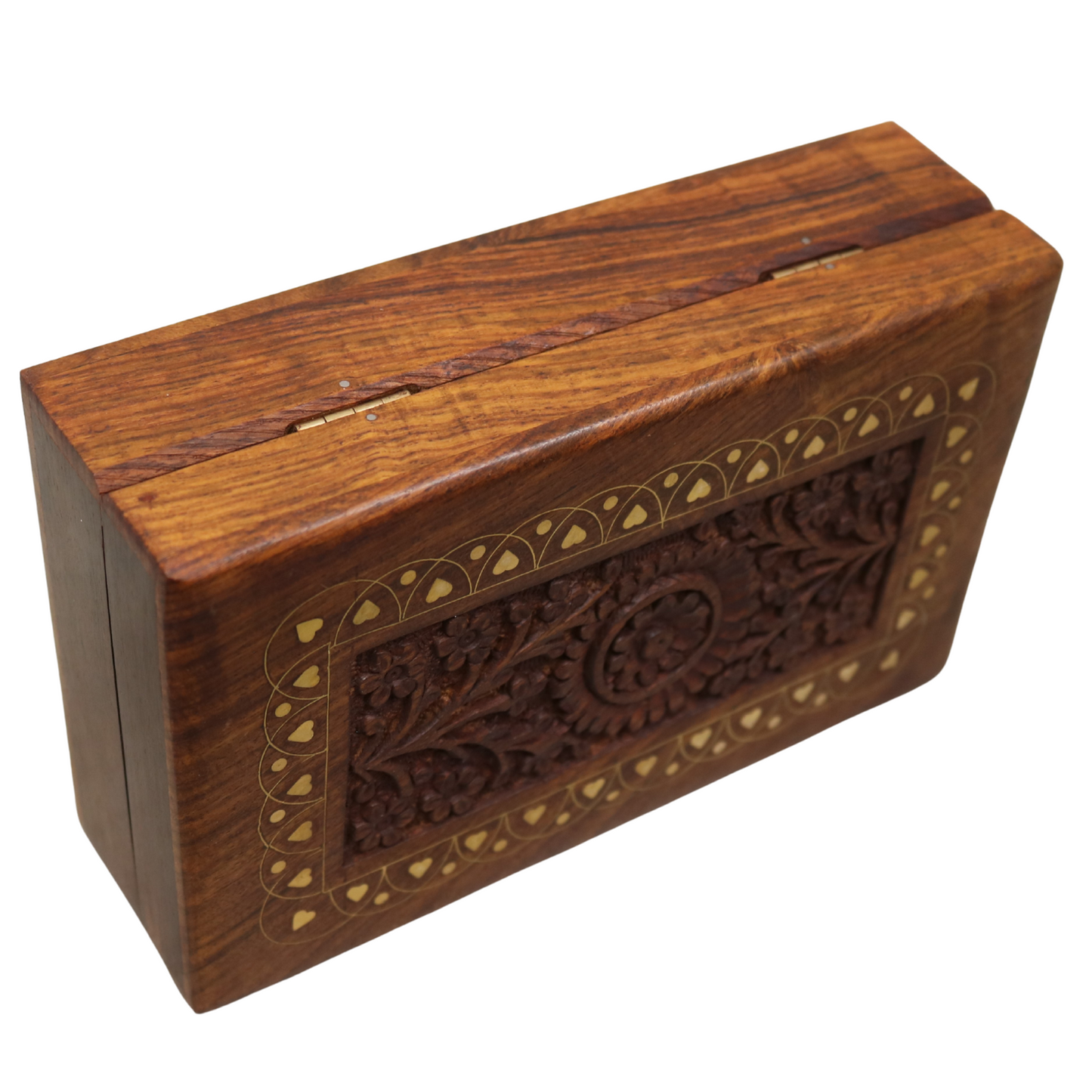 Heart Brass Inlay Carved Indian Wood Rosewood Keepsake Wooden Decorative Box