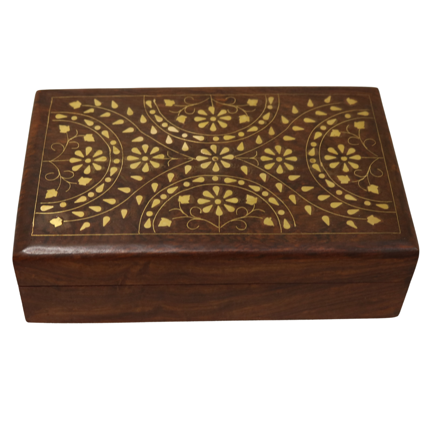 Brass Inlay Leaves Indian Wood Rosewood Storage Keepsake Trinket Decorative Box