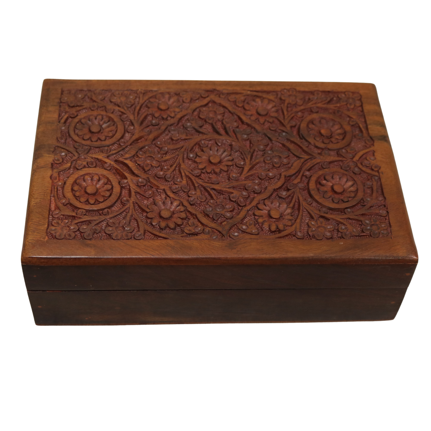 5 Rosette Floral Carved Indian Wood Rosewood Trinket Keepsake Wooden Decorative Box