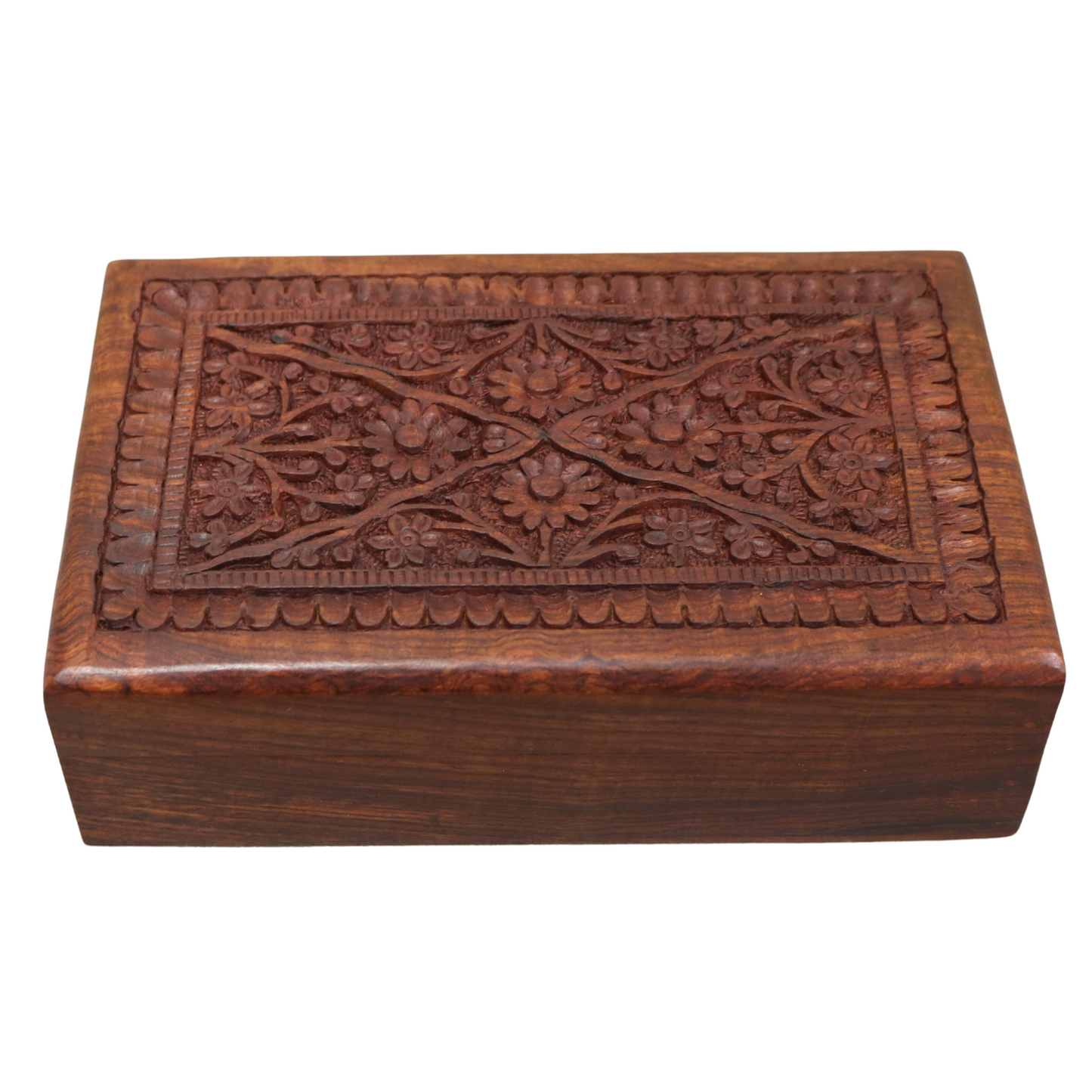 4 Rosette Floral Carved Indian Wood Rosewood Trinket Keepsake Decorative Box