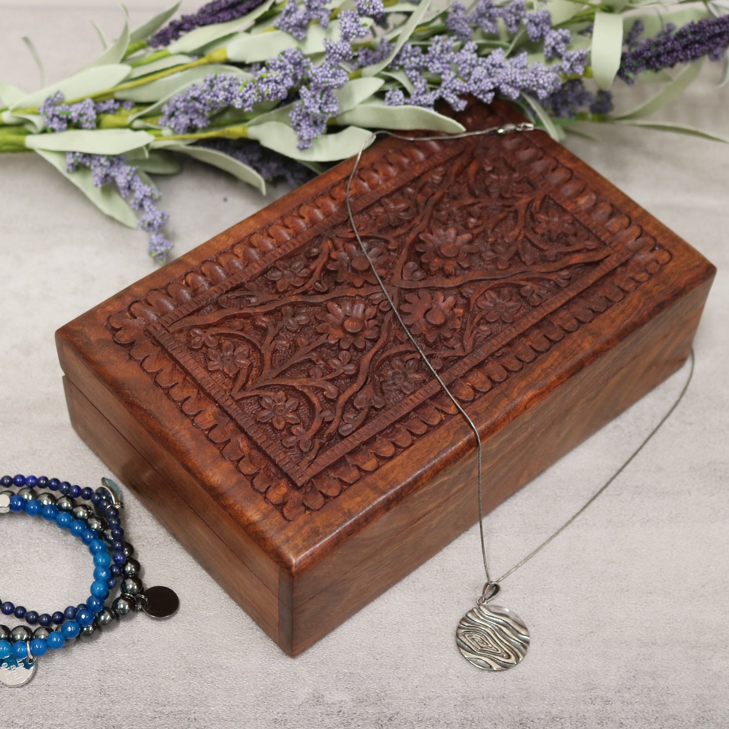 4 Rosette Floral Carved Indian Wood Rosewood Trinket Keepsake Decorative Box