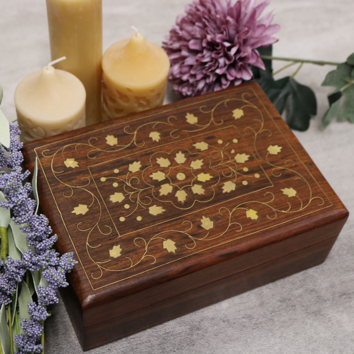 Leaf Brass Inlay Indian Wood Rosewood Storage Keepsake Wooden Decorative Box