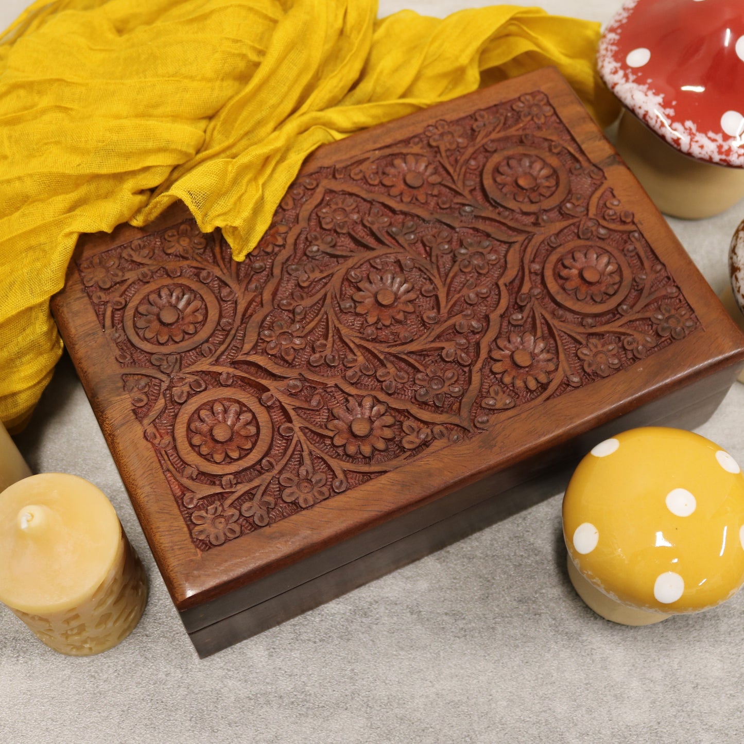 5 Rosette Floral Carved Indian Wood Rosewood Trinket Keepsake Wooden Decorative Box