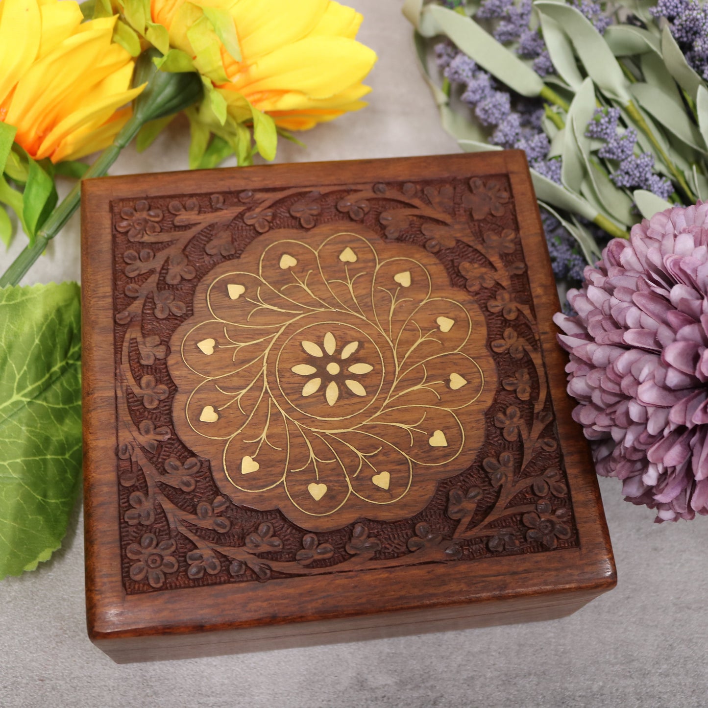 Brass Inlay Floral Carved Indian Wood Rosewood Keepsake Trinket Decorative Box