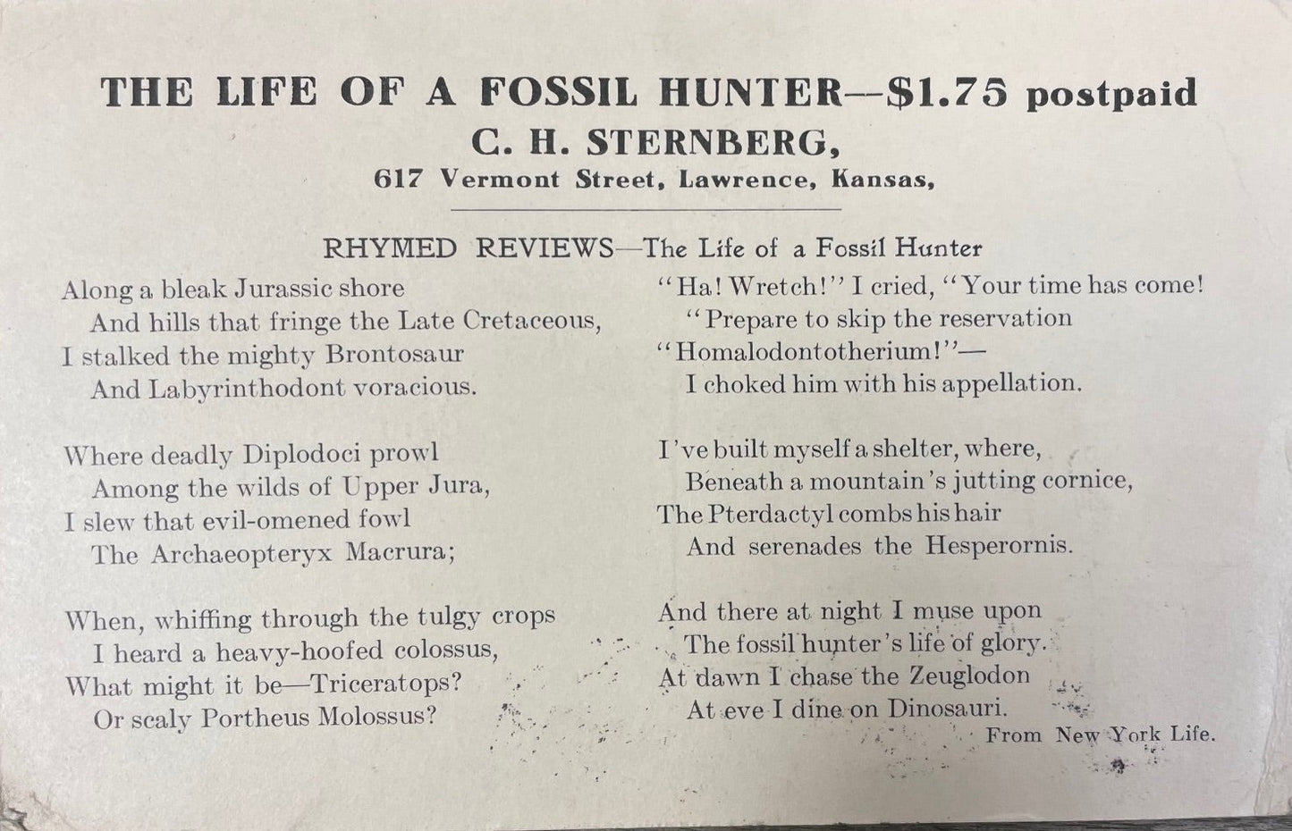 Life Fossil Hunter Charles Sternberg Dinosaur Paleontology Science Used Book