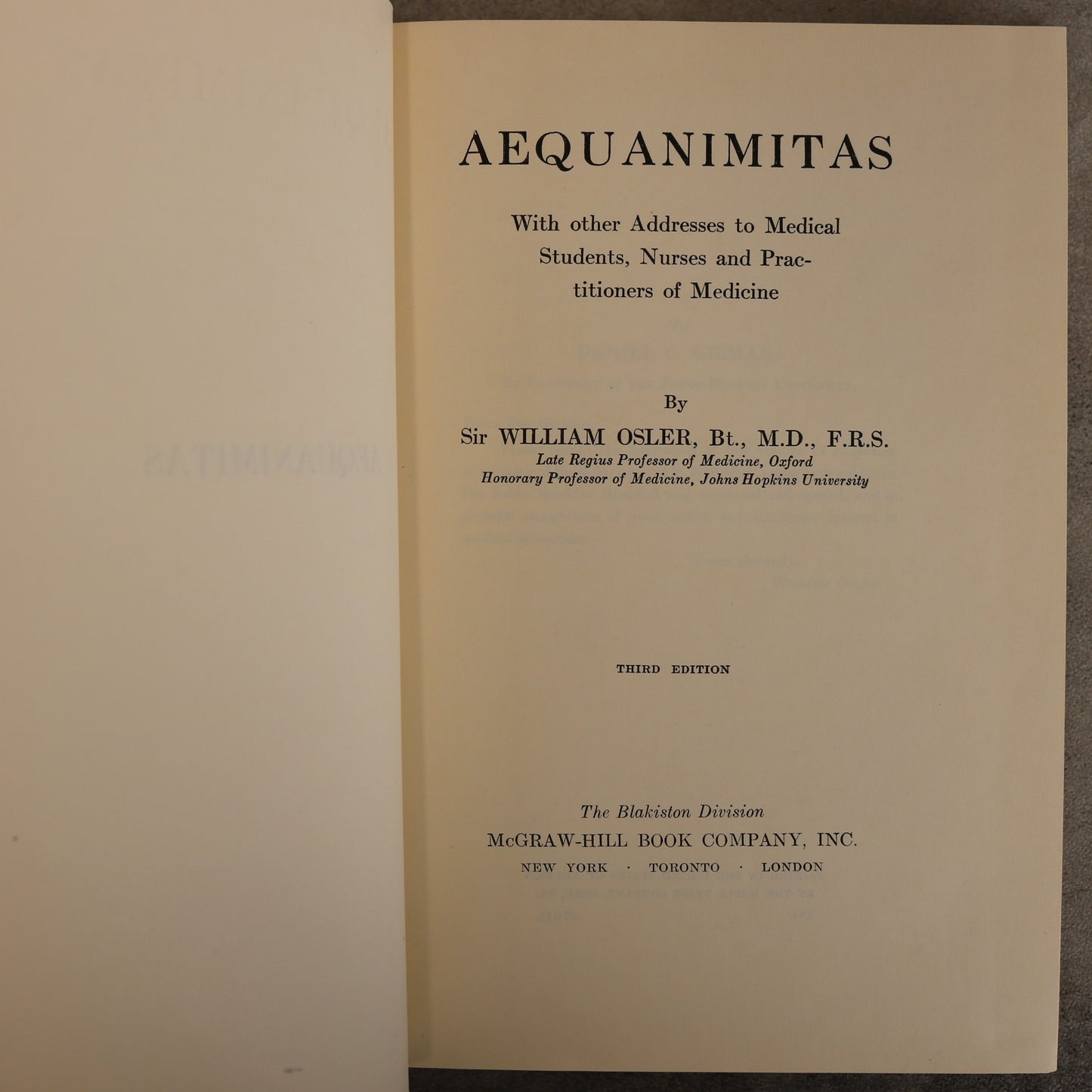 Aequanimitas Medicine Sir William Osler Medical History Used Book